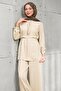 Beige Elastic Waist Zippered Jacket and Trousers Set - 2