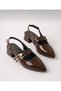 Vernis Women's Bitter Brown Patent Leather Double Strap Buckle Pointed Toe Slingback Thick Heeled Shoes