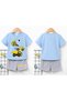 Excavator Printed Children's Baby Blue T-Shirt - Gray Shorts Set - Children's Summer Crew Neck - 2