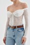 Women's Long Sleeve Off-Shoulder Flock Print Tulle Detailed Design Corset - 6