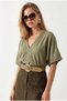Women's Khaki Boho Lace Detailed Flam Cotton Blouse Blz-19003370