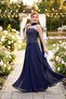 Women's Navy Blue Shawl Collar Beaded Long Chiffon Evening Dress - 5