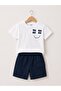 Boy's Printed White T-Shirt and Navy Blue Shorts with Cargo Pockets Set 100% Cotton - 2