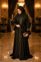 -Emerald Black Jacquard Abaya with Gold Trim Detailing