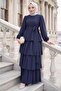 Elastic Waist Tied Layered Modal Dress Navy Blue Hm2915 - 4