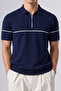 Men's Striped Detailed Knitwear Navy Blue Polo Neck T-Shirt - 5