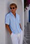 Men's Short Sleeve Muslin Shirt with Apaş Collar, Comfortable Fit, Summer, Baby Blue Ls-18015 - 3