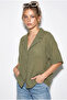 Women's Pistachio Green Self-Striped Open Collar Oversize Short Sleeve Shirt 60282055 - 4