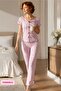 Lilac Floral Patterned Boat Neck Buttonless Twill Fabric Bow Detail Cotton Short Sleeve Pajama Set