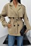 Women's Seasonal Linen Oversized Trench Coat - Buttoned Belted Double-Breasted Collar Short Trench Jacket - 4