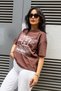 Women's Brown Oversize Printed Cotton Crew Neck T-Shirt - 4