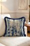 Batik Striped Fringed Throw Pillow Cover - Navy Blue Tasseled Cream Pillowcase - 3