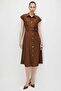 Modailgi Shoulder Epaulettes Short Sleeve Belted Waist Midi Length Dress - 4