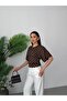 Women's Brown-White Crew Neck Wide Sleeve Polka Dot Blouse Elt7249 - 6