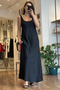 Black Thick Strap Long Satin Dress - 2