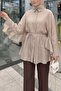 Buttoned Belted Bat Sleeve Flounce Oversize Modal Tunic - Mink