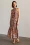 4932 Women's Floral Shawl Patterned Halter Neck Flounce Midi Dress Brown - 4
