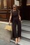 Brown Shoulder Draped Padded Waist Seated Side Deep Slit Elastic Leg Women's Sandy Jumpsuit - 3