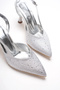 Women's Pointed Toe Open Back Thin Heeled Stiletto with Silver Stones - 5