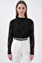 Women's Round Neck Long Sleeve Floral Patterned Black Blouse