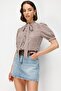 4900 Women's Gingham Patterned Scarf Collar Balloon Sleeve Shirt Brown - 5