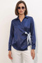 Women's Belted Double-Breasted Satin Navy Blue Shirt