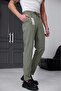 Men's Khaki Relaxed Fit Elastic Waist Lace-Up Jogger Fabric Trousers with Side Pockets - 2