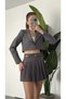 Women's Anthracite Striped Lined Single Button Crop Jacket Belted Lined Pleated Skirt Set - 7