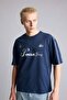 100% Cotton Boxy Fit Crew Neck Printed Short Sleeve Navy Blue T-Shirt H7478Ax26Hs - 3