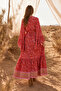 Red Floral Viscose Kimono Dress Summer Long Double Breasted Collar Belted Bohemian Model - 2