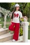 Girl's Bow Embroidered Stone Detailed T-Shirt - Cargo Pocket Linen Trousers - Hat 3-Piece Summer Set - 100% Cotton - 2