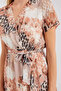 Women's Short Sleeve Belted Patterned Chiffon Beige Dress - 3