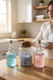 ⁠   3-Piece Glass Laundry Room Organizer Set - 3 L Acacia Lid Jars & 2 L Liquid Detergent Bottles with Cork Stoppers and Fabric Softener Bottles - 2