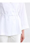 White double-breasted collar belted women's linen jacket - 7