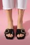 Palma Black Wrinkled Patent Leather Stylish Women's Daily Slippers with Gold Buckle - 3