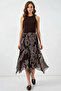 Women's Round Neck Asymmetrical Pleated Patterned Chiffon Brown Skirt