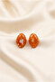 Brick Color Gold Leaf and Geometric Detailed Oval Resin Earrings
