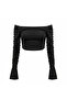 Black Off-The-Shoulder Ruched Long Sleeve Crop Top - 2