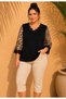 Women's Plus Size V-Neck Lace Detail Sleeve Three Quarter Patterned Chiffon Side Slit Stretchy Viscose Blouse - 3