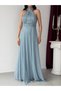 Baby Blue Halter Neck Long Evening Dress with Waist Detail - 5