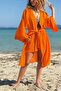 Orange Bat Sleeve Washable Belted Garnished Cotton Casual Woven Kimono Jacket 110 55 - 2