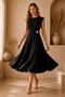Flexible Scuba Crepe Fabric Shoulder Padded Midi Length Detachable Gold Brooch Detailed Black Evening Dress 90162 - 5