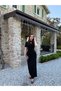 Black Short-Sleeved Draped Dress with Embroidery Detail at the Collar - 3