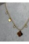 Gold Color Clover Figured Stone Detailed Women's Necklace – Elegant Minimalist Steel Necklace - 2