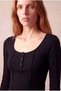 Women's Black Ribbed Square Neck Long Sleeve Blouse with Snap Front and Babylock Detail Fernanda - 4