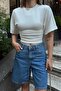 White Crew Neck Bat Sleeve Waist Draped Women's Crop Blouse - 5