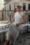 White Crew Neck Lined One Shoulder Low Cut Women's Tulle Midi Dress - 3