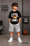 Summer Cool Zone Usa Hat Bear Printed Boys' Gray Shorts, Black T-Shirt Set