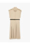 Crepe Fabric Belted Pleated Short Sleeve Midi Shirt Dress