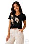 Women's Black V-Neck Sequin Embroidered Feather Patterned 100% Cotton T-Shirt - 6